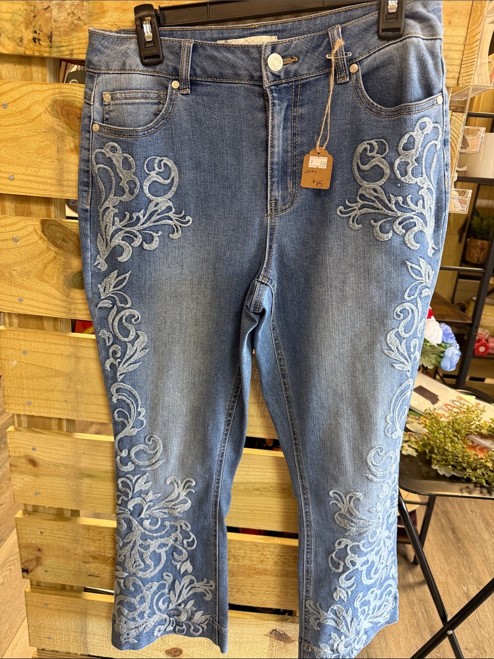 Cato Mid-Blue Jeans with Light-Blue Floral Embroidery